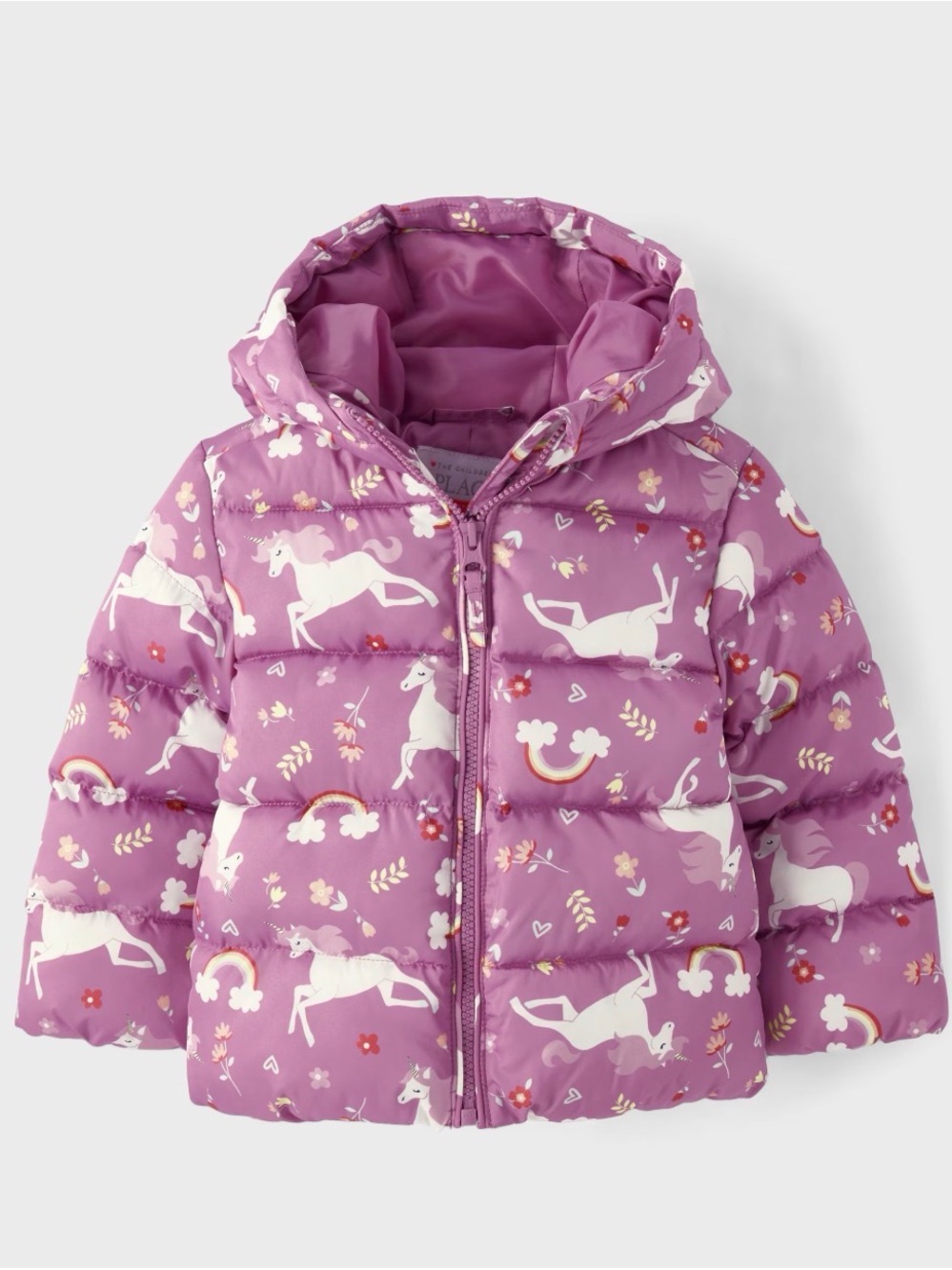 Children’s Place kids girl pink unicorn hooded puffer jacket 18-24M